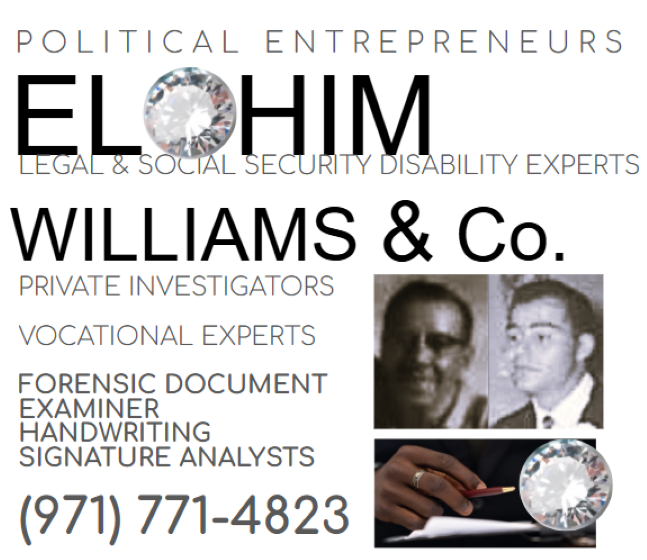 Top Forensic Signature Analyst Handwriting Document Examiner Forgery Detection & Fingerprint Analyst at lowest cost. Vocational & Social Security Disability Expert, Legal Services Expediter Dr. Amber Williams (ELOHIM WILLIAMS & Co. Diversified Any & All Services Providers.  )