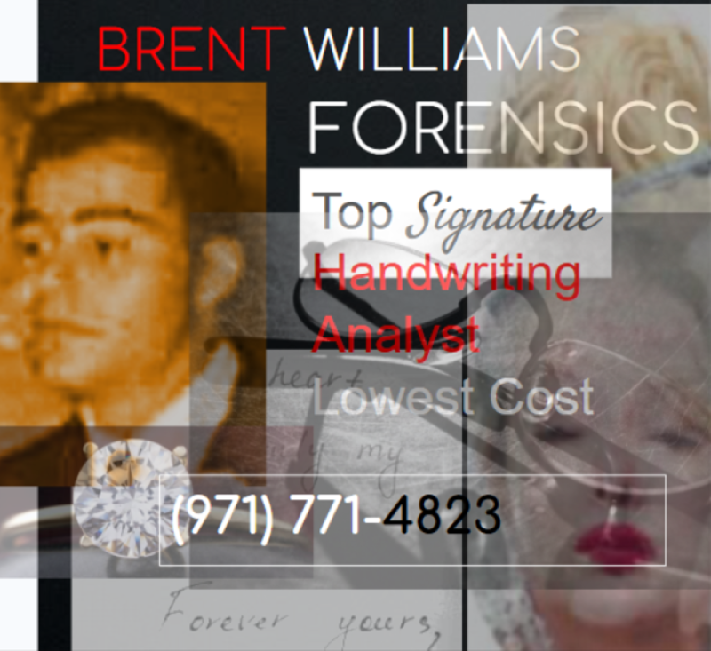 Best & Cheapest Qualified Forensic FORGERY Detection Signature Analyst Handwriting Analysis Questioned Document Examiner QDE Expert Witness only $300; State of the Art Forgery Detection Fast; We Win Every Case. Judge-Preferred Court-Qualified/Ready Affidavit Report with indisputable screenshot evidence ACCEPTED IN EVERY STATE & WORLDWIDE; Dr. Amber Williams, M.S., Ph.D., CDE, S.PI (BRENT WILLIAMS FORENSICS)